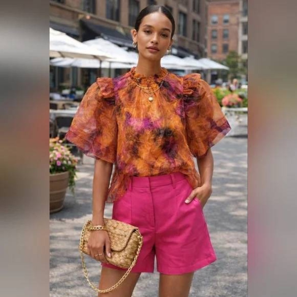 Marie Oliver Orange Abstract Floral Sheer Organza Ruffle Mock Neck Blouse‎ XXS